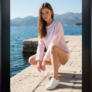 J CREW Funnel Neck Top Blouse Pink White Stripe Cotton Cruise Sz 0